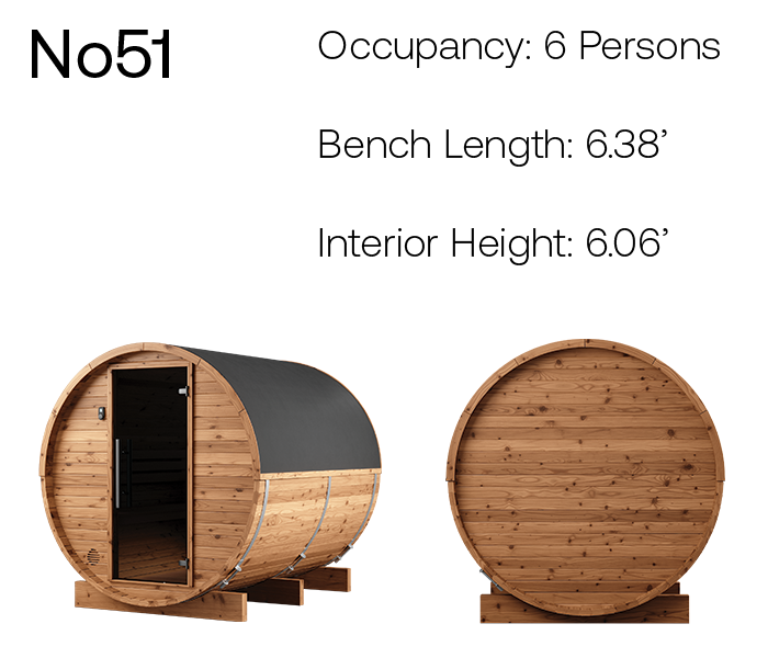 Thermory Natural Barrel No. 51, 6-person barrel sauna, product angles with measurements