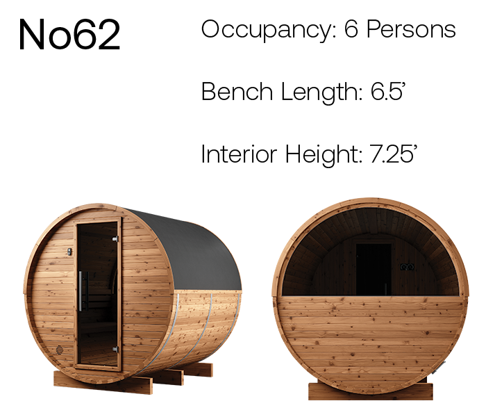 Thermory Natural Barrel No. 62, 6-person barrel sauna with window, product angles with measurements