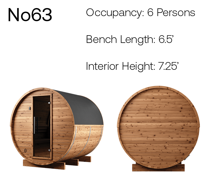 Thermory Natural Barrel No. 63, 6-person barrel sauna, product angles with measurements