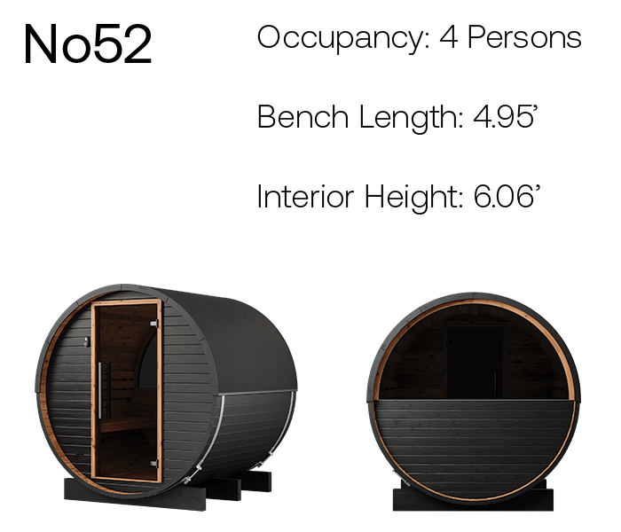Thermory Ignite Barrel No. 52, 4-person barrel sauna with window, product angles with measurements