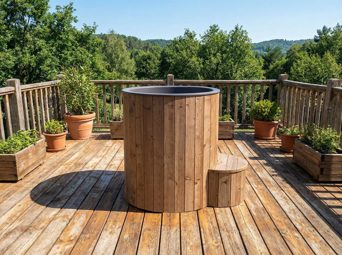 SaunaLife Model S1 immersion tub, natural finish, on a sunny backyard deck