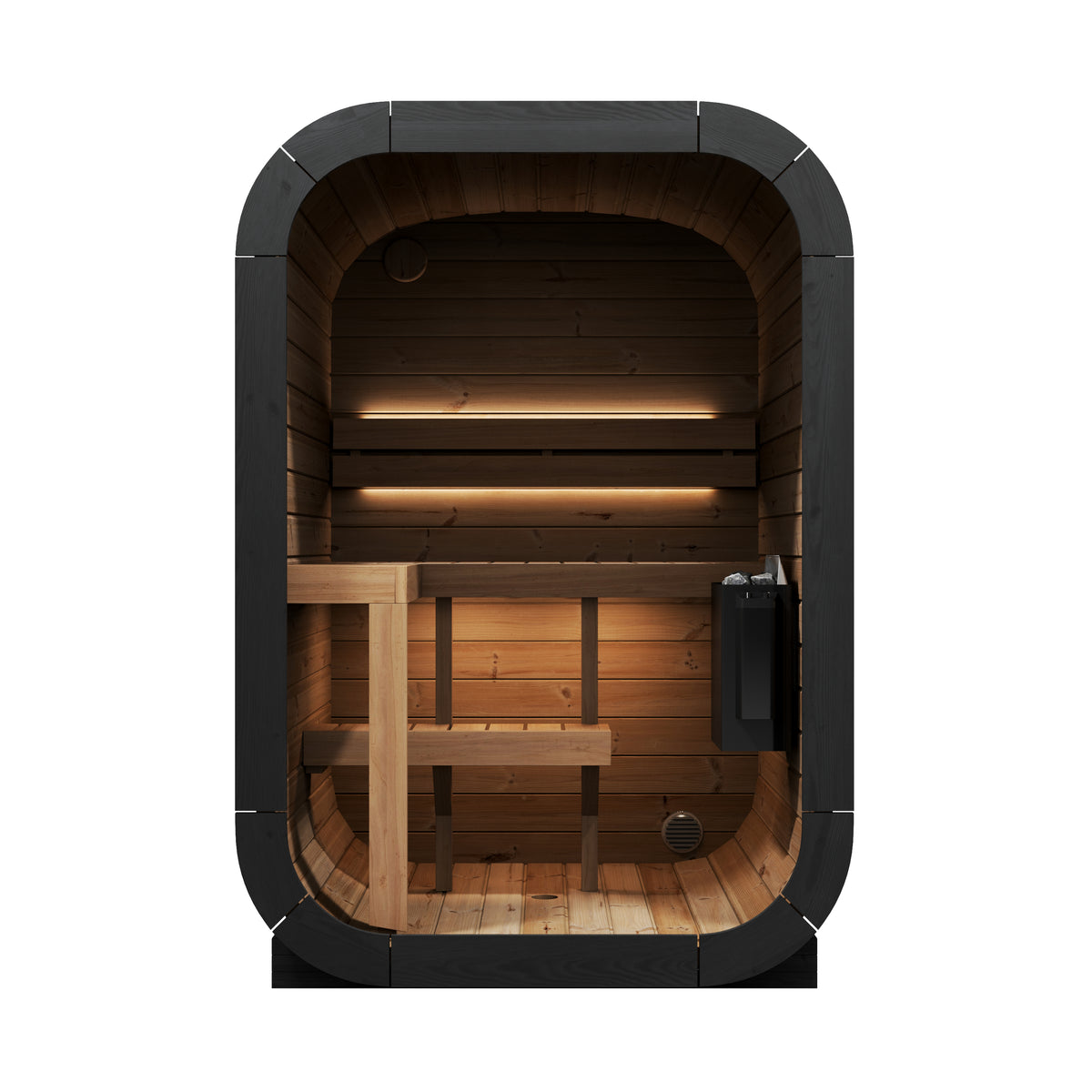 SaunaLife CL3G Cube Sauna, 2-person cube sauna with full-glass front, interior view