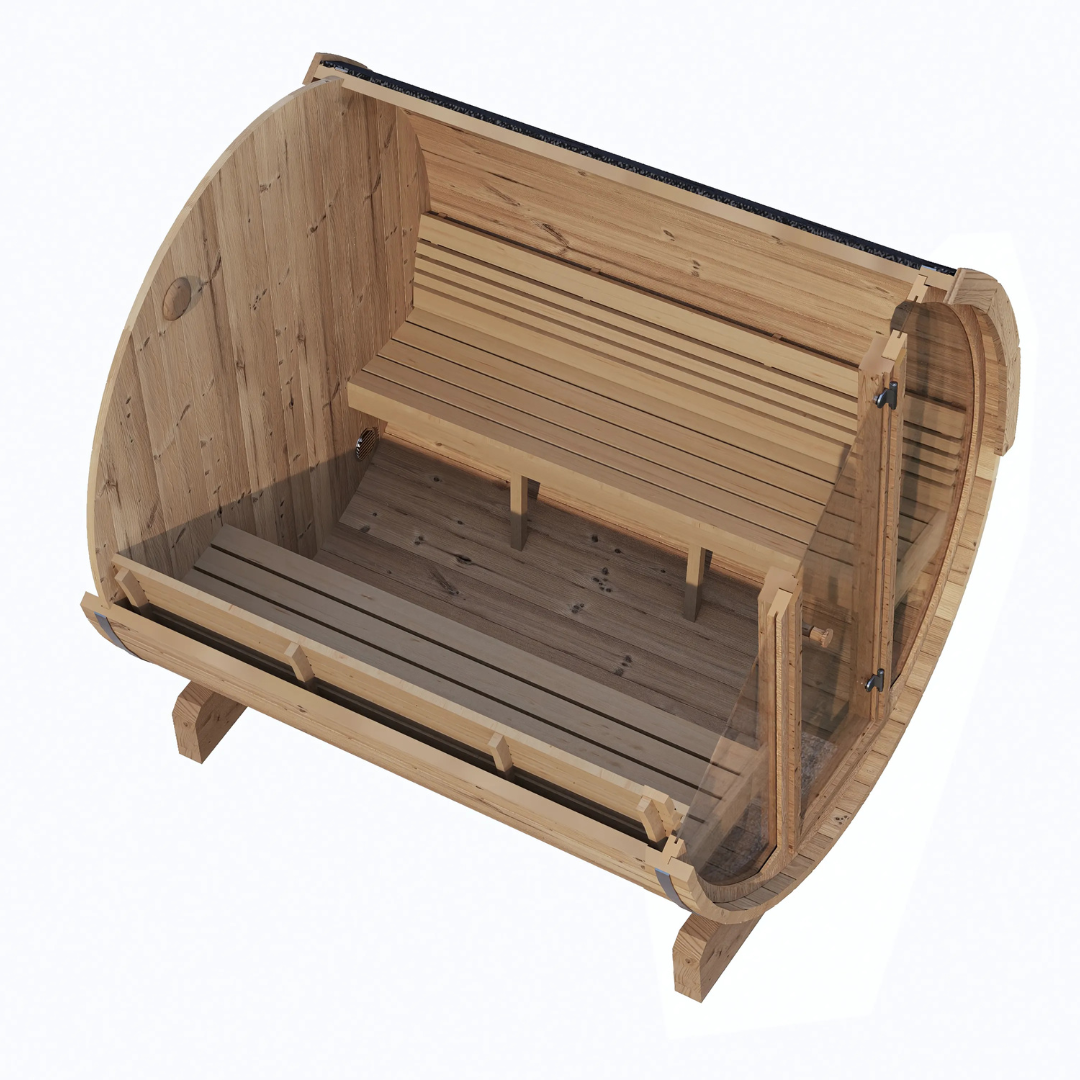 SaunaLife Model E8G, 6-person barrel sauna with panoramic glass, side view