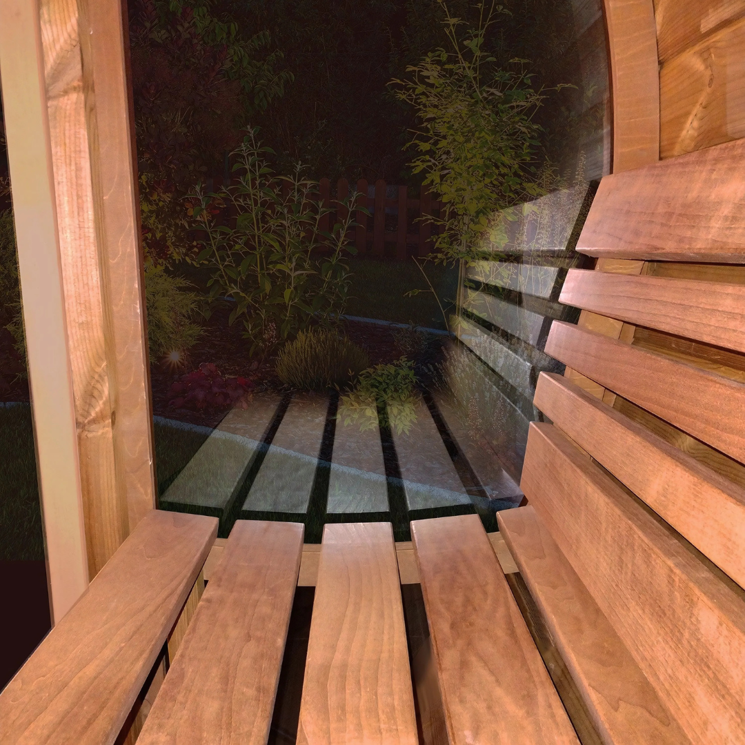 SaunaLife Model E7G, 4-person barrel sauna with panoramic glass, detail view