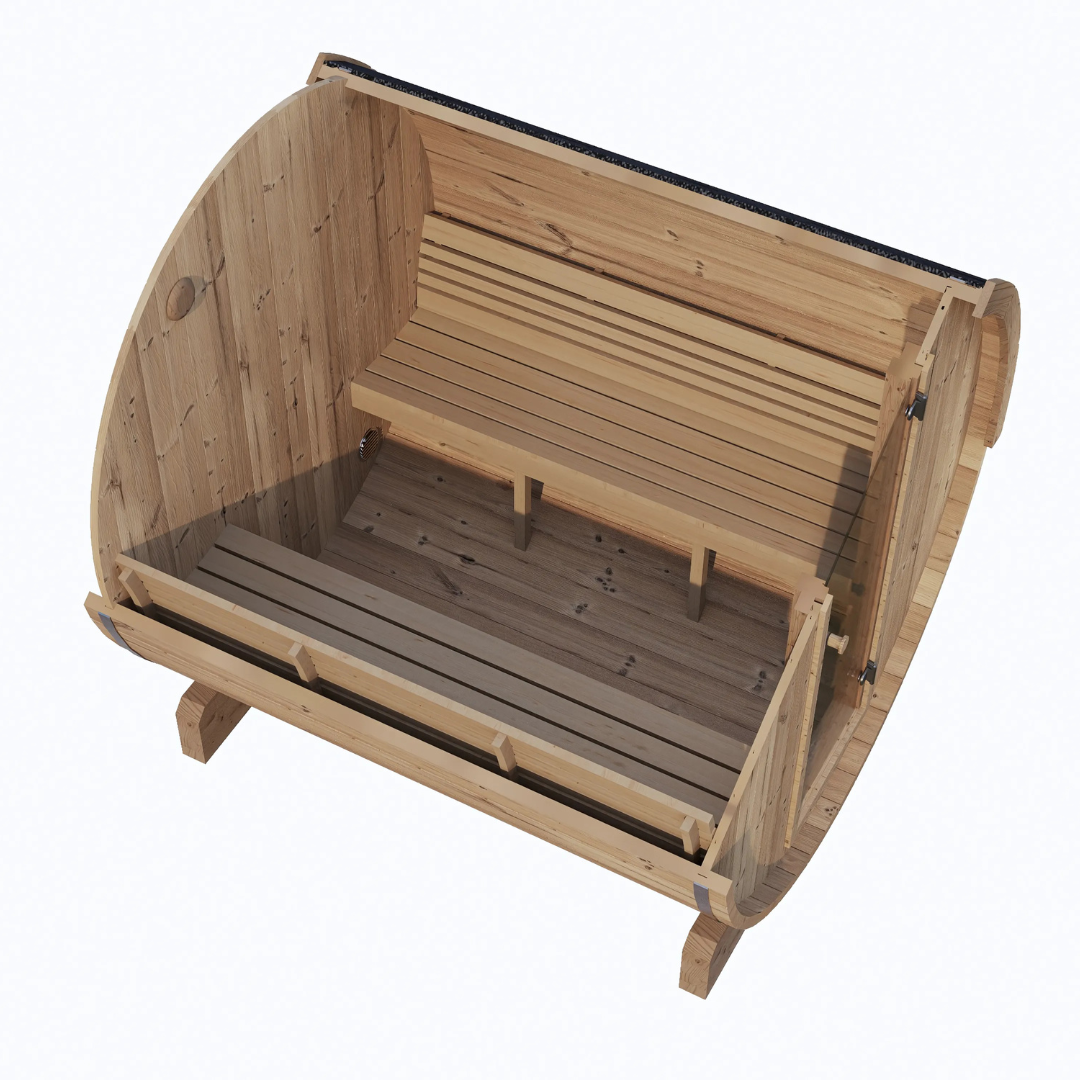 SaunaLife Model E8, 6-person Ergo-Series barrel sauna, angled view