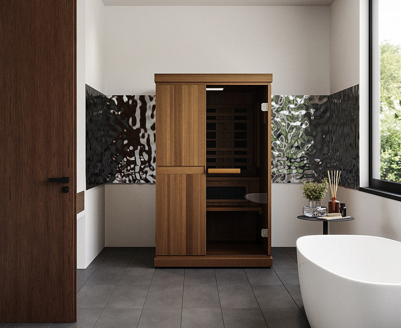 Finnmark FD-4 Trinity infrared, steam and red light sauna, lifestyle view in a home setting