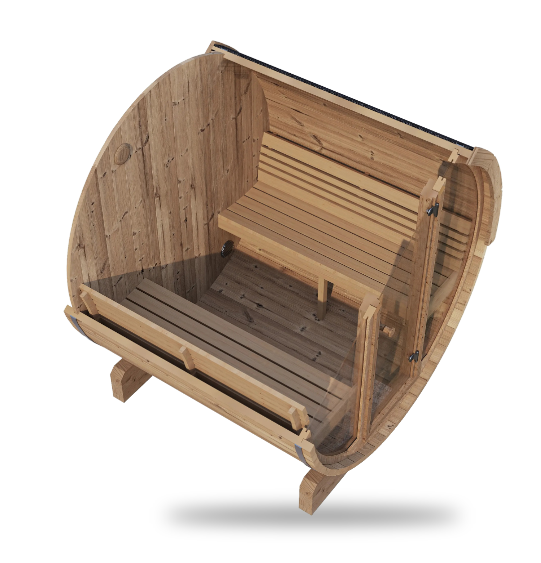 SaunaLife Model E7G, 4-person barrel sauna with panoramic glass, close-up detail