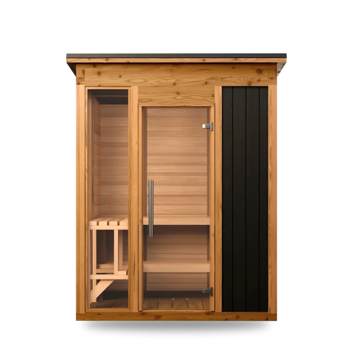 Thermory Mod 4 Modern modular sauna, brushed Ignite exterior, front view