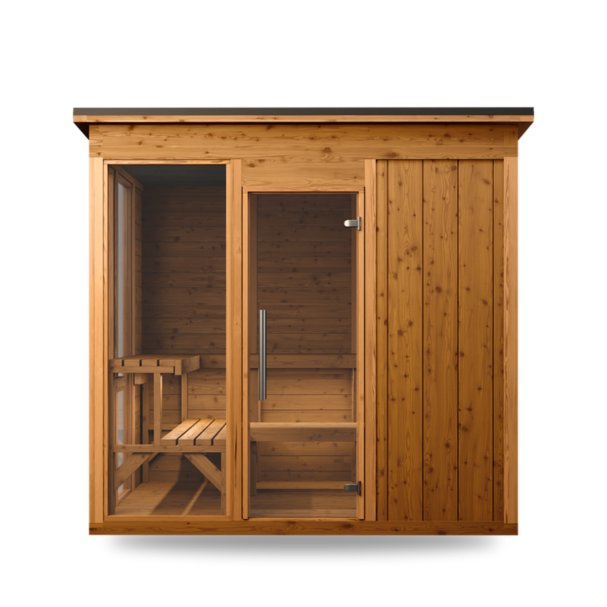 Thermory Mod 6 Traditional modular sauna, Social L-shaped benches, front view