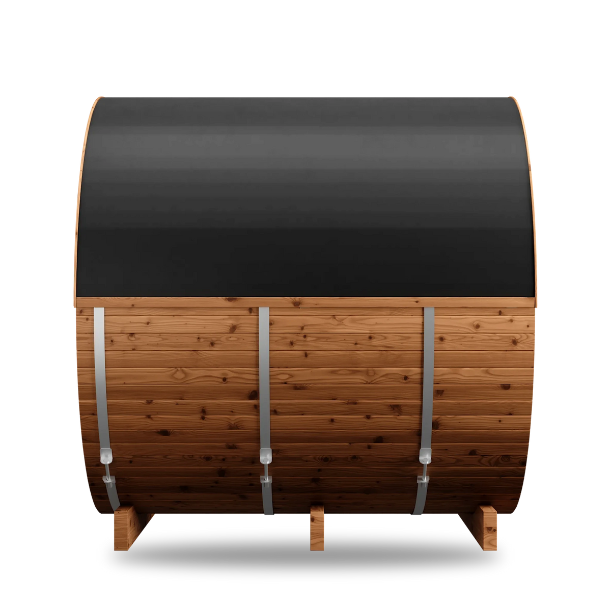 Thermory Natural Barrel 61 sauna with porch, side view