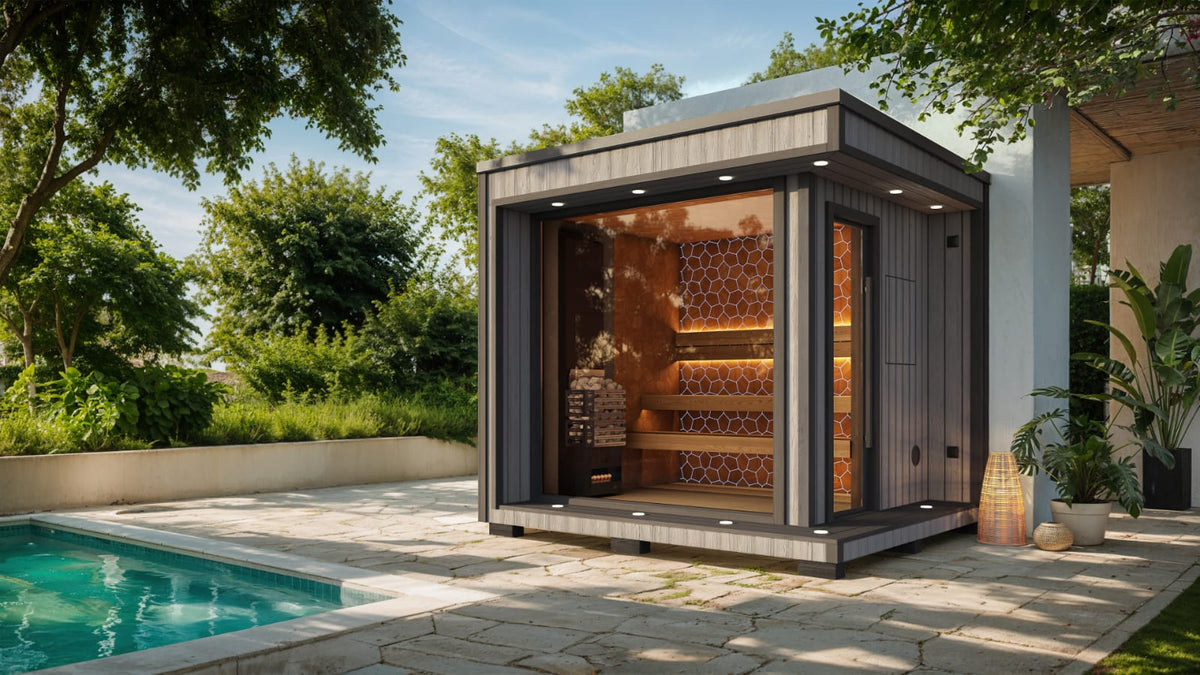 Sauna Air Nordic Elegance Spa Medium, luxury outdoor sauna, grey exterior, front view