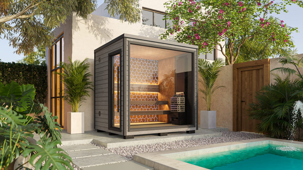 Sauna Air Nordic Elegance Spa Mini, luxury outdoor sauna, grey exterior, front view