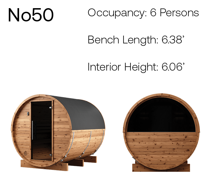 Thermory Natural Barrel No. 50, 6-person barrel sauna with window, product angles with measurements