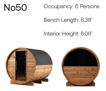 Thermory Natural Barrel No. 50, 6-person barrel sauna with window, product angles with measurements