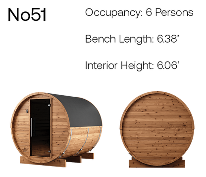Thermory Natural Barrel No. 51, 6-person barrel sauna, product angles with measurements