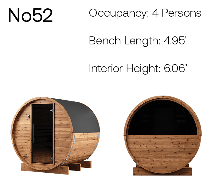 Thermory Natural Barrel No. 52, 4-person barrel sauna with window, product angles with measurements