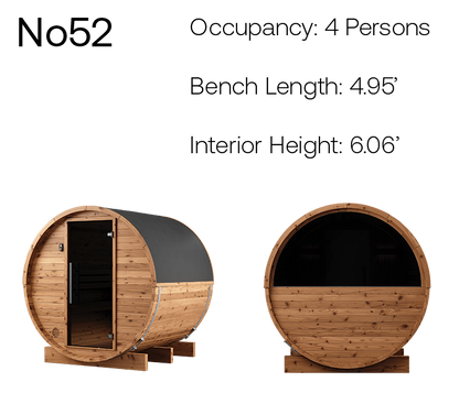 Thermory Natural Barrel No. 52, 4-person barrel sauna with window, product angles with measurements