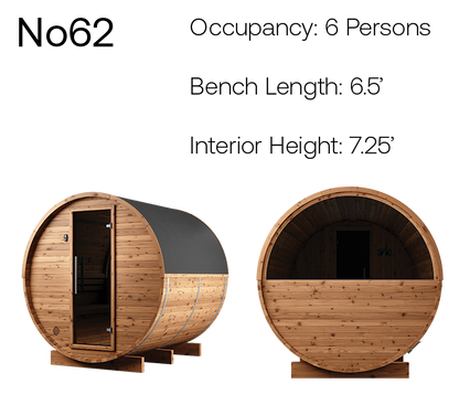 Thermory Natural Barrel No. 62, 6-person barrel sauna with window, product angles with measurements