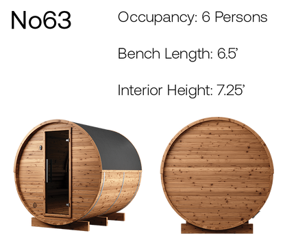 Thermory Natural Barrel No. 63, 6-person barrel sauna, product angles with measurements