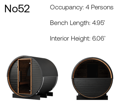 Thermory Ignite Barrel No. 52, 4-person barrel sauna with window, product angles with measurements