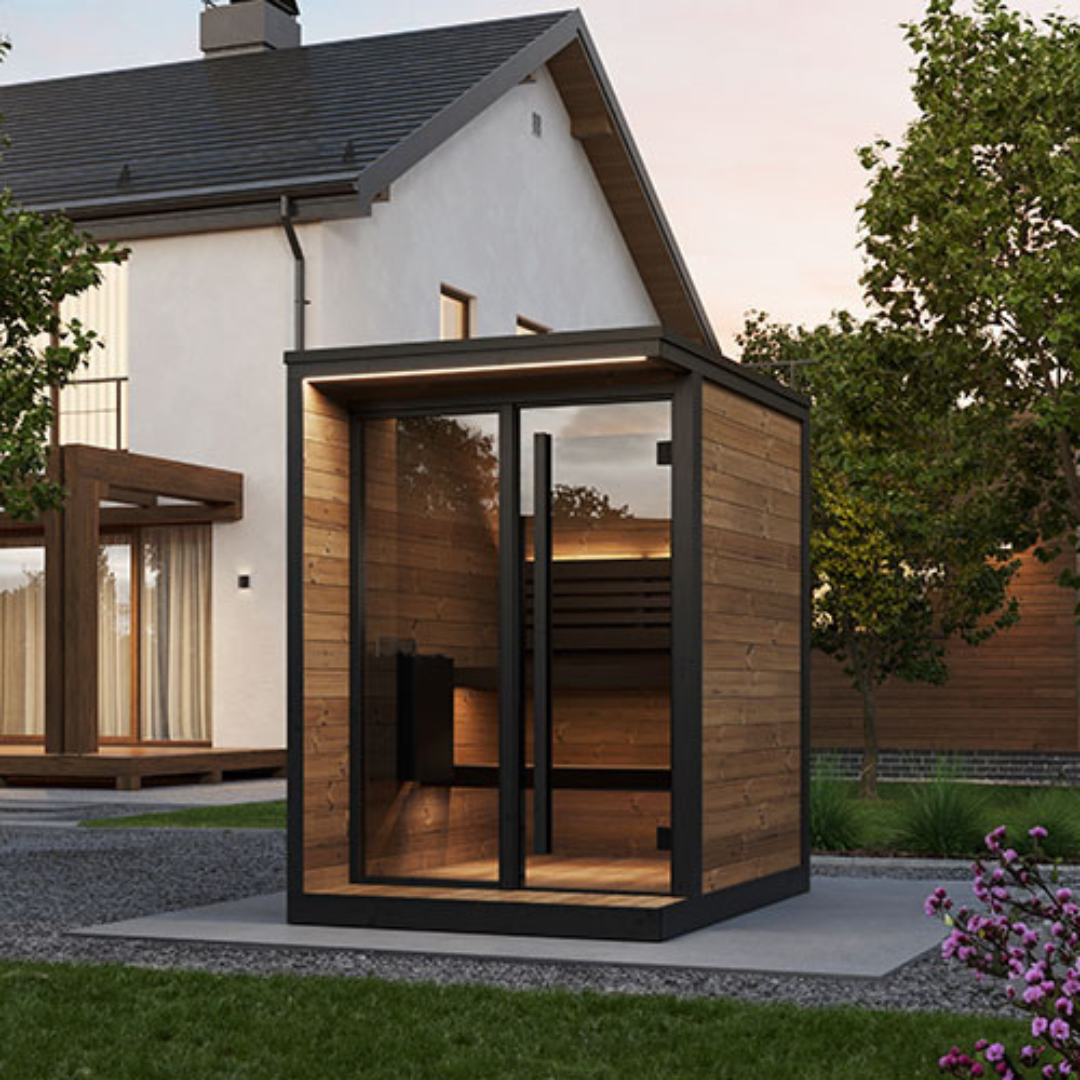 SaunaLife Garden GL4, 4-person luxury outdoor sauna, angled view