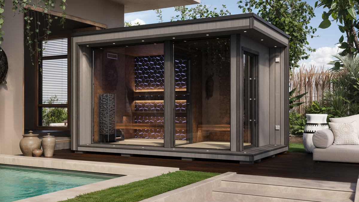 Sauna Air Nordic Elegance Spa Grande, luxury outdoor sauna and spa suite with Narvi heater, interior view