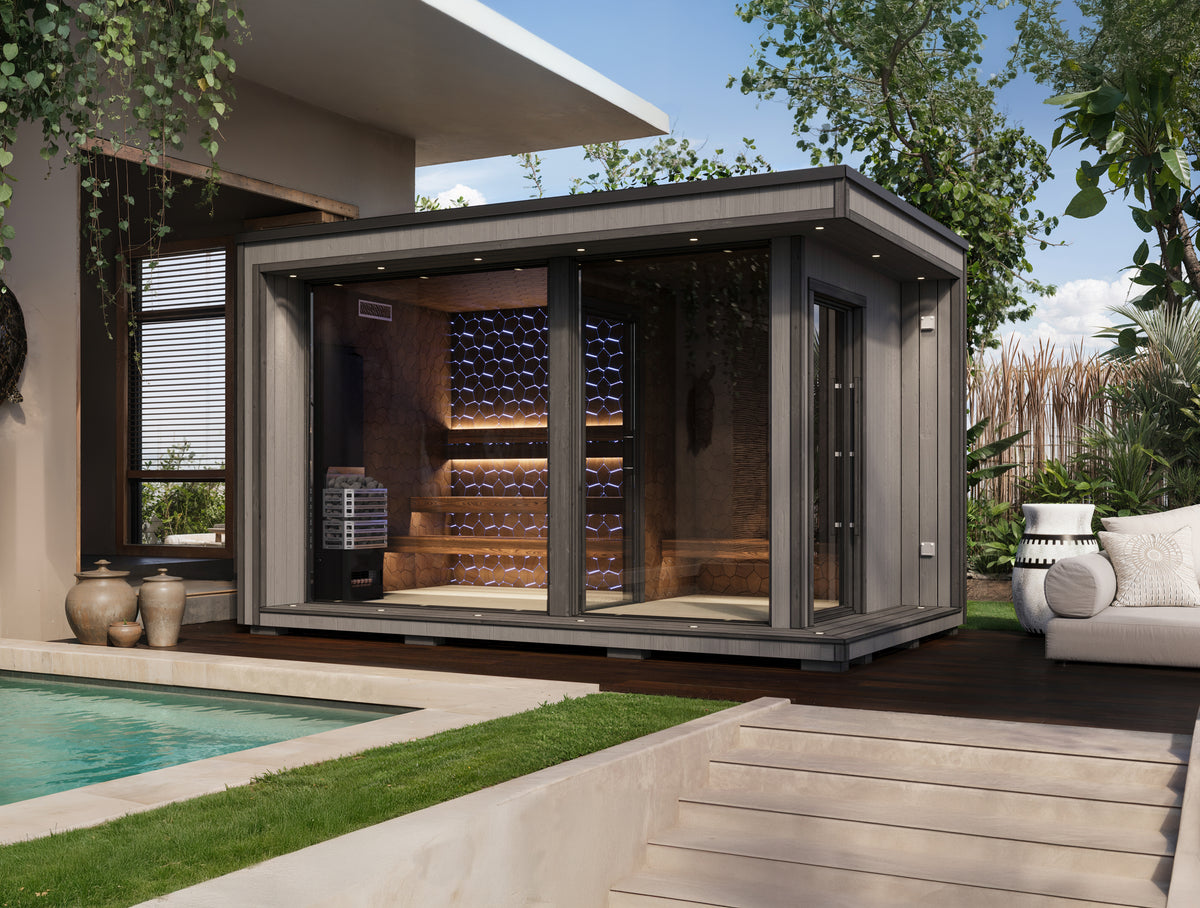 Sauna Air Nordic Elegance Spa Grande, luxury outdoor sauna and spa suite, interior with Saunum heater