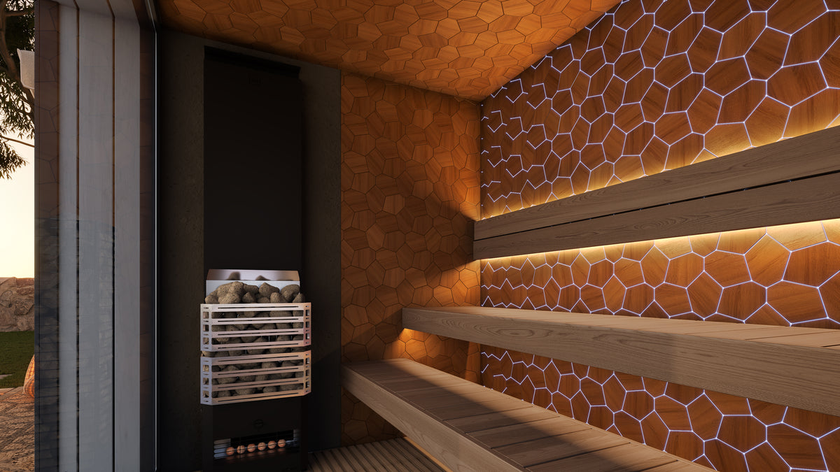 Sauna Air Nordic Elegance Spa Medium, luxury outdoor sauna, interior with Saunum heater