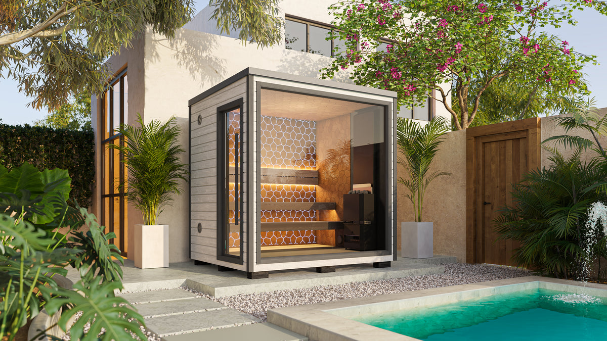 Sauna Air Nordic Elegance Spa Mini, luxury outdoor sauna, angled view