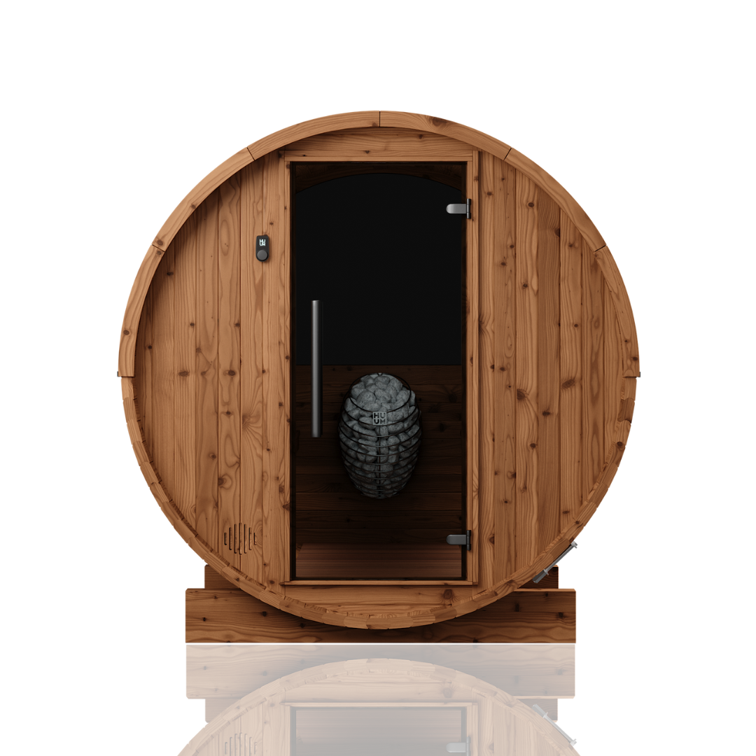 Thermory Barrel Sauna No. 54, 2-person outdoor barrel sauna, front view without porch