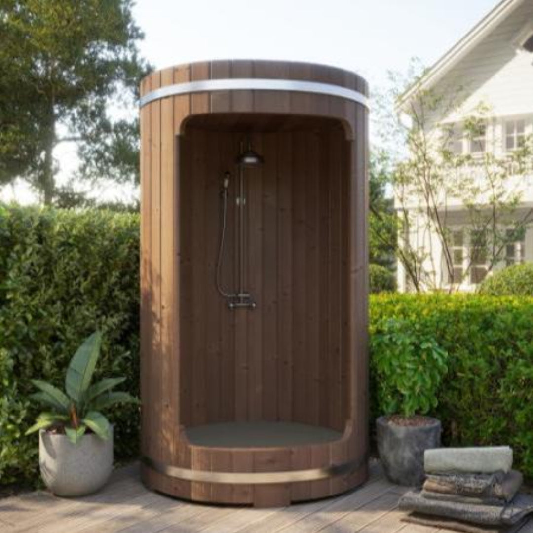 SaunaLife R3 outdoor barrel shower on a backyard deck