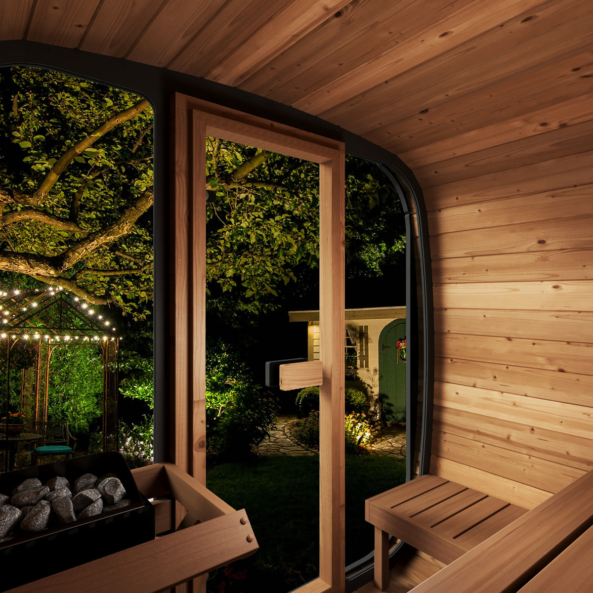 SaunaLife CL5G Cube Sauna, 4-person cube sauna with full-glass front, side view