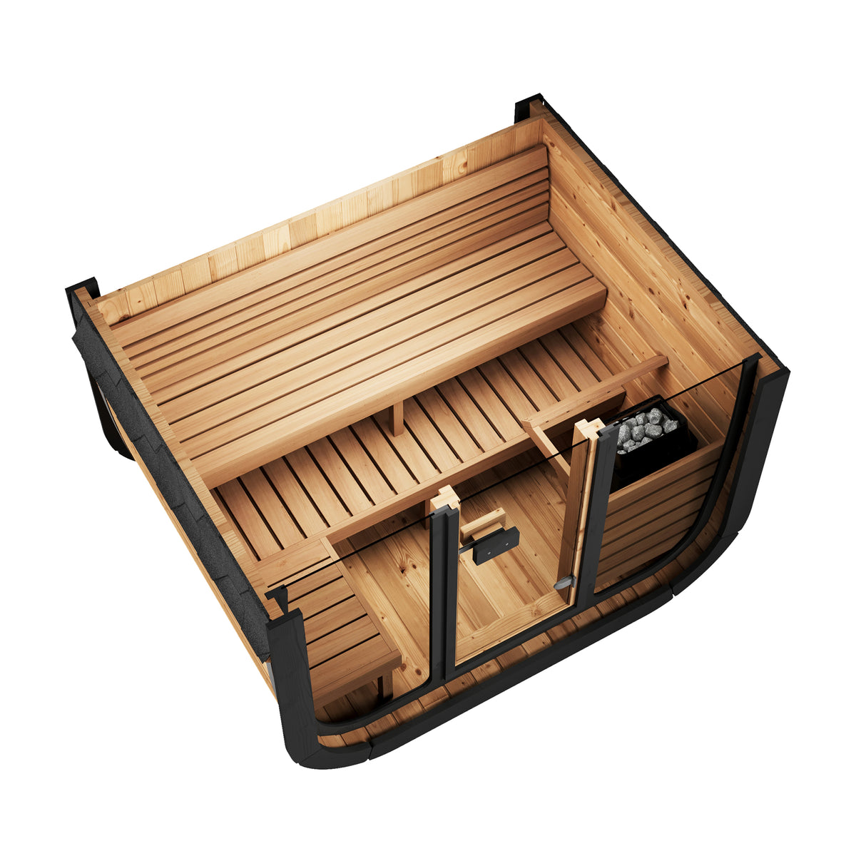 SaunaLife CL5G Cube Sauna, 4-person cube sauna with full-glass front, interior view