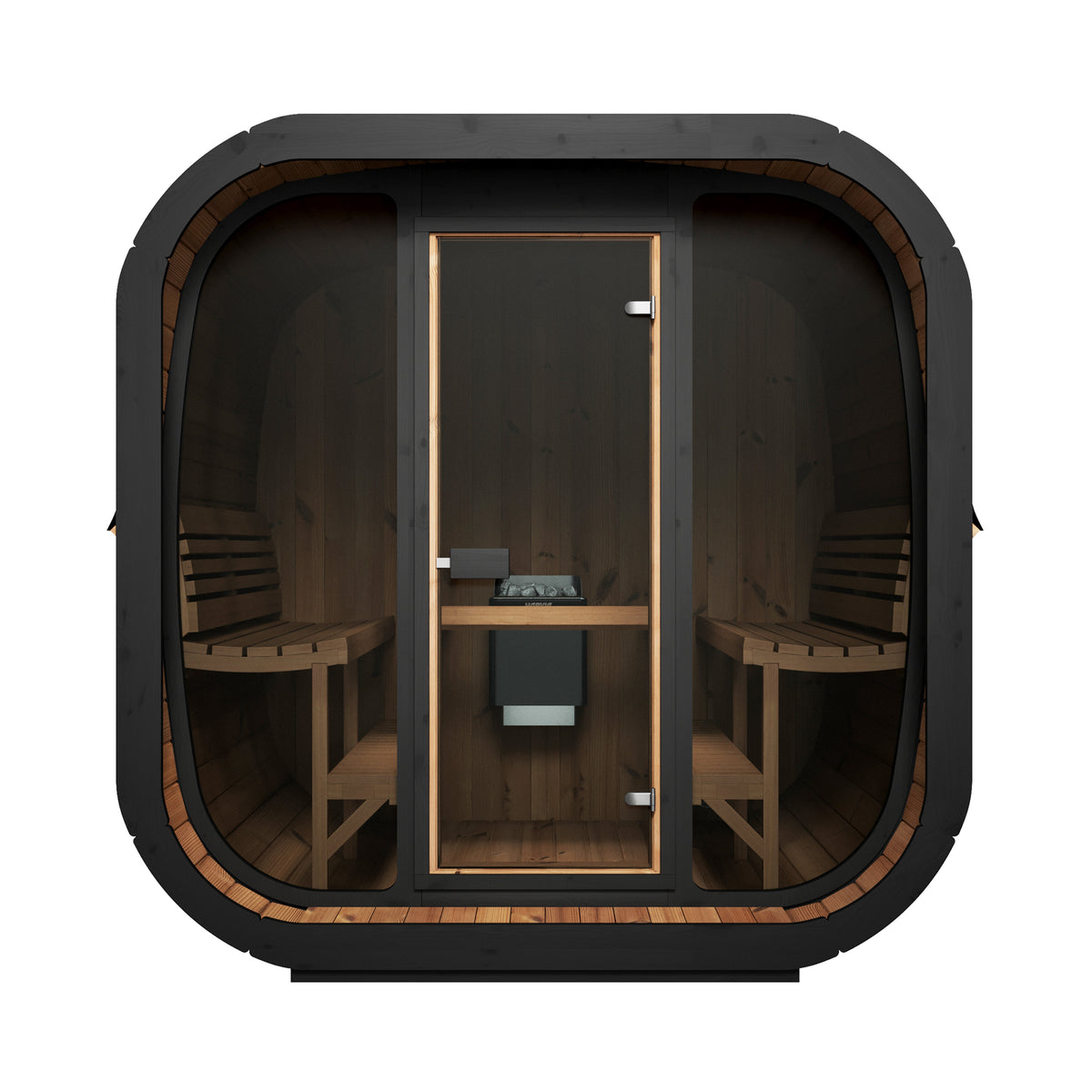 SaunaLife CL7G Cube Sauna, 6-person cube sauna with full-glass front, angled view