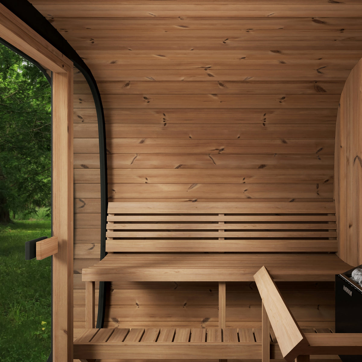 SaunaLife CL7G Cube Sauna, 6-person cube sauna with full-glass front, detail view