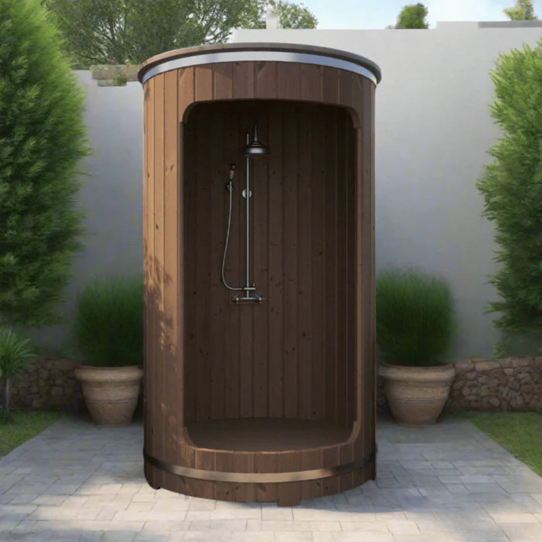 SaunaLife R3 barrel shower on a stone patio