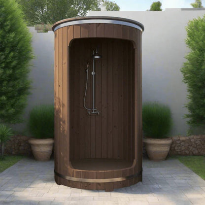 SaunaLife R3 barrel shower on a stone patio
