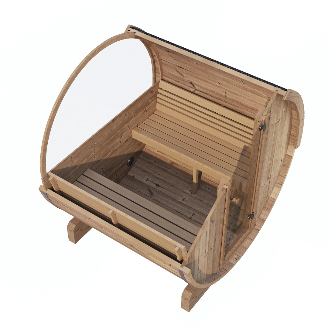SaunaLife Model E7W, 4-person barrel sauna with window, close-up detail