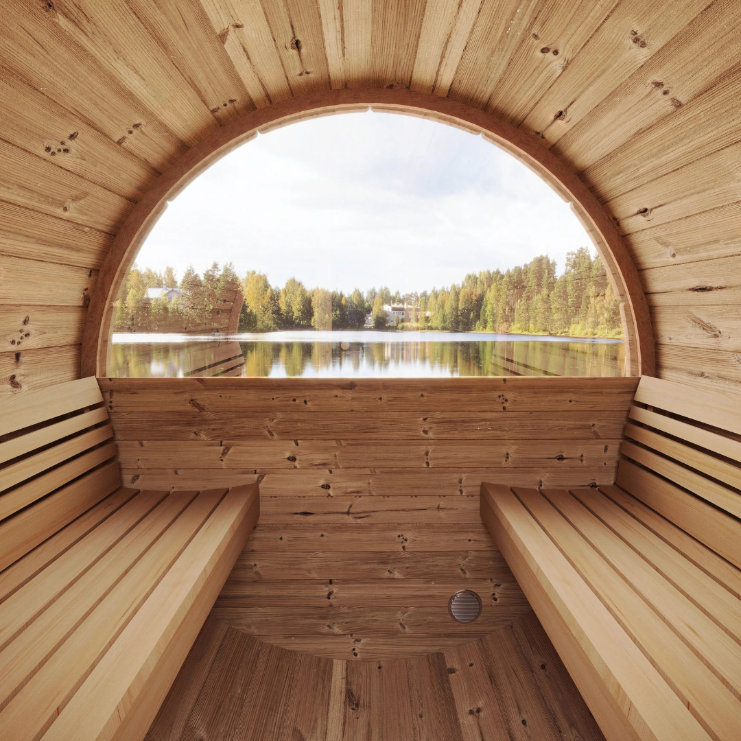 SaunaLife Model E7W, 4-person barrel sauna with window, angled view