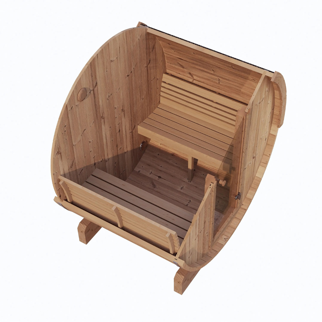SaunaLife Model E6, 3-person Ergo-Series barrel sauna, angled view