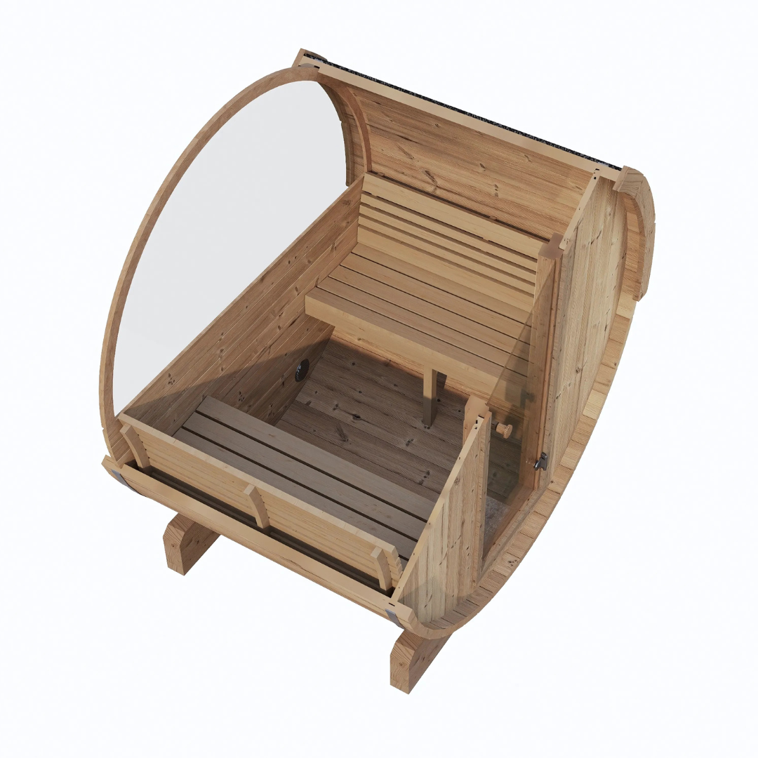 SaunaLife Model E6W, 3-person barrel sauna with window, angled view