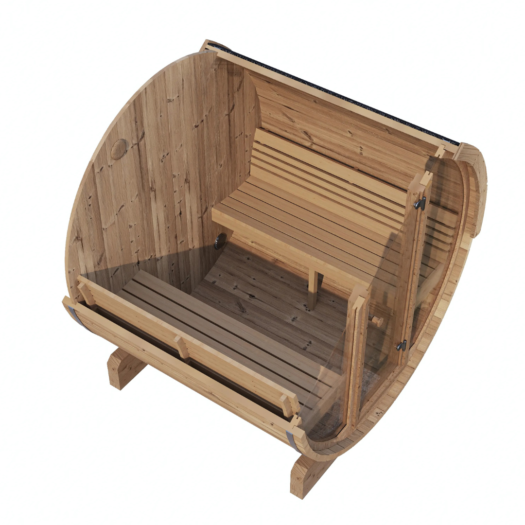 SaunaLife Model E7G, 4-person barrel sauna with panoramic glass, close-up detail