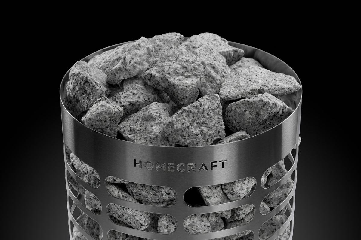 Close-up of sauna stones in the Homecraft Apex Mini