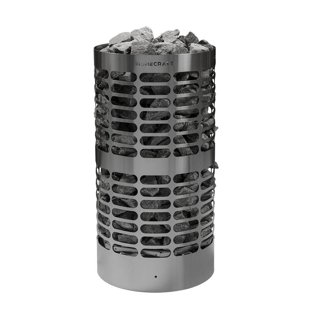 Homecraft Apex sauna heater with oval perforations, stones and a branded steel band
