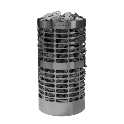 Homecraft Apex sauna heater with oval perforations, stones and a branded steel band