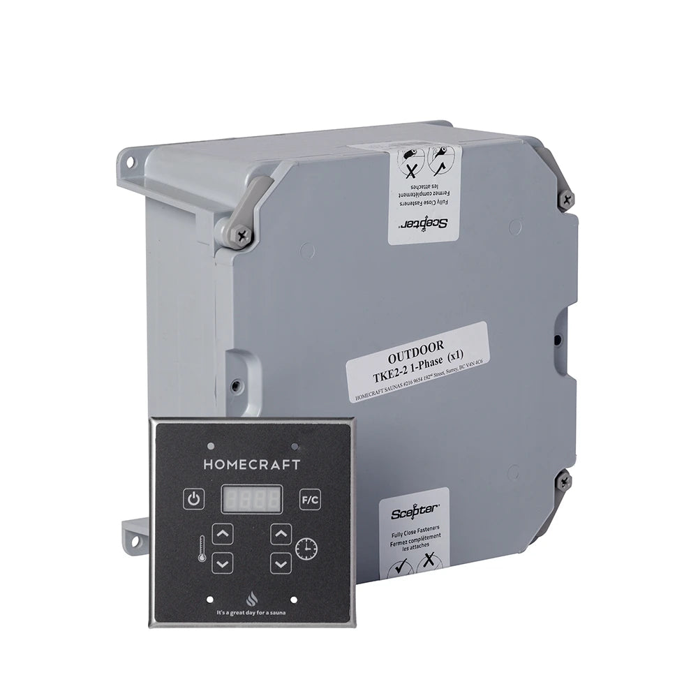 Homecraft contactor box beside a black sauna control touchpad