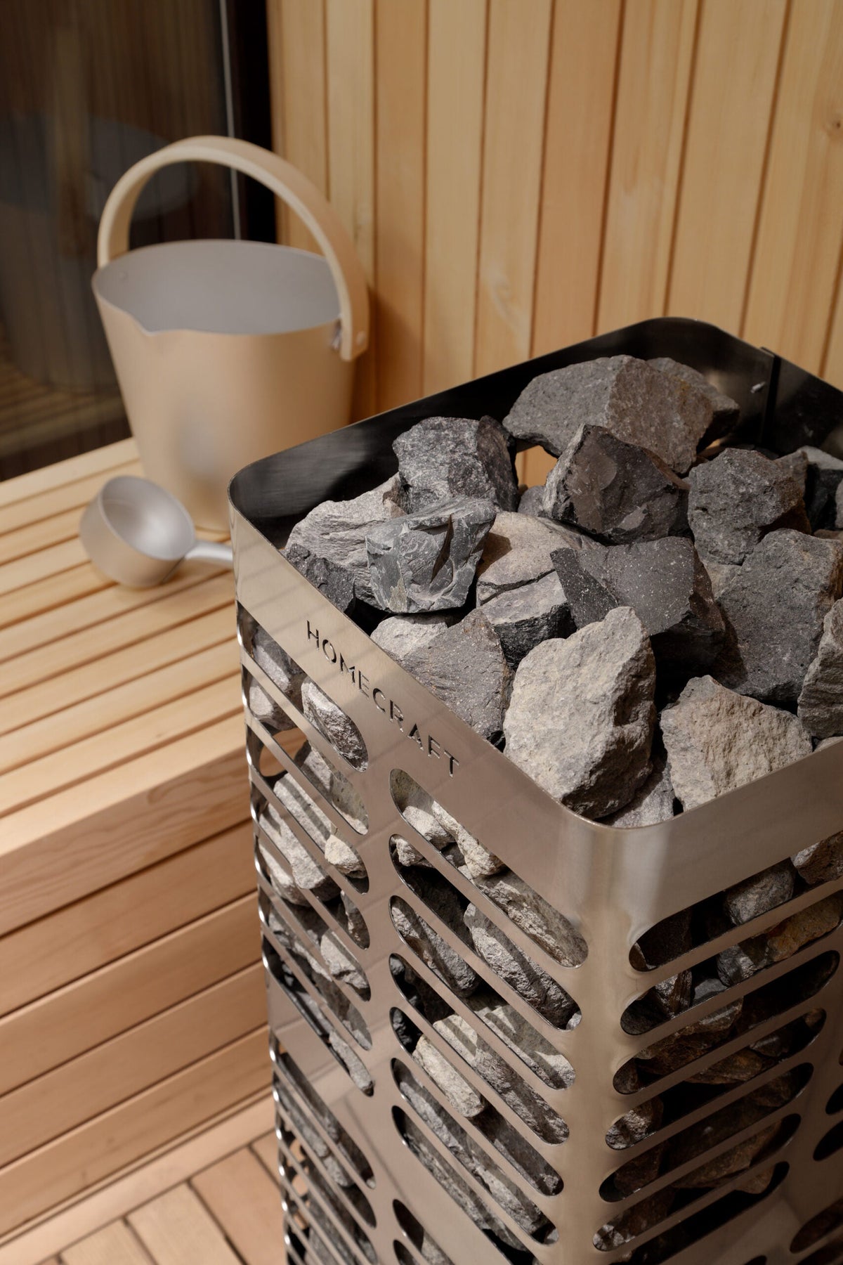 Homecraft Revive 9kW electric tower sauna heater, sauna interior view