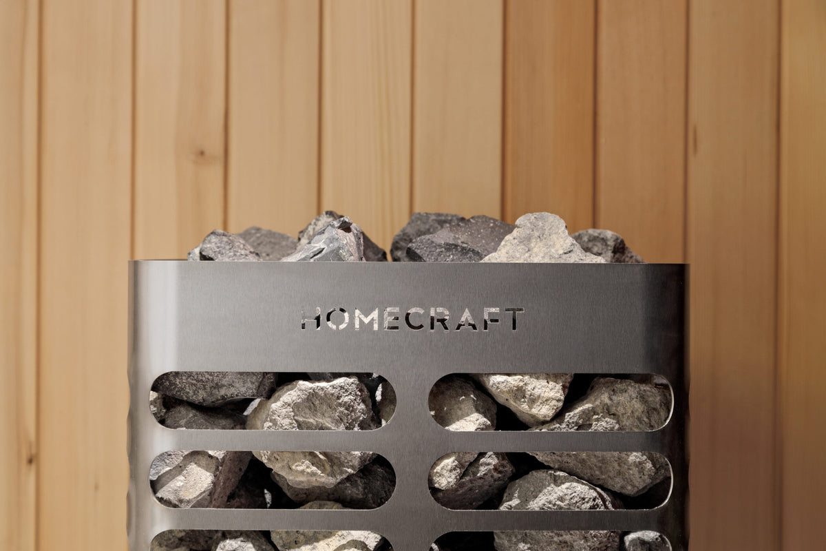 Homecraft Revive 9kW electric tower sauna heater shown in a Homecraft sauna interior