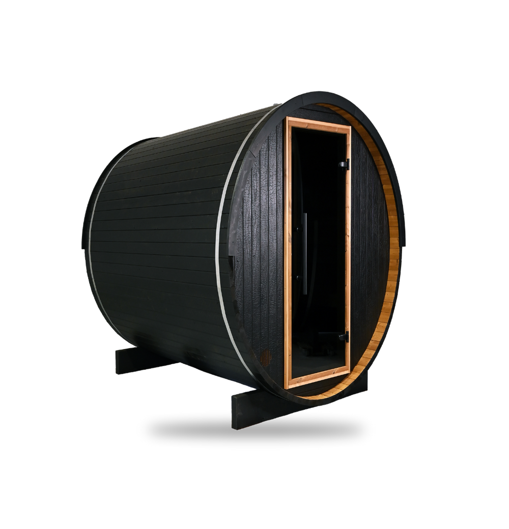 Thermory Ignite Barrel Sauna No. 54, 2-person outdoor barrel sauna, exterior view