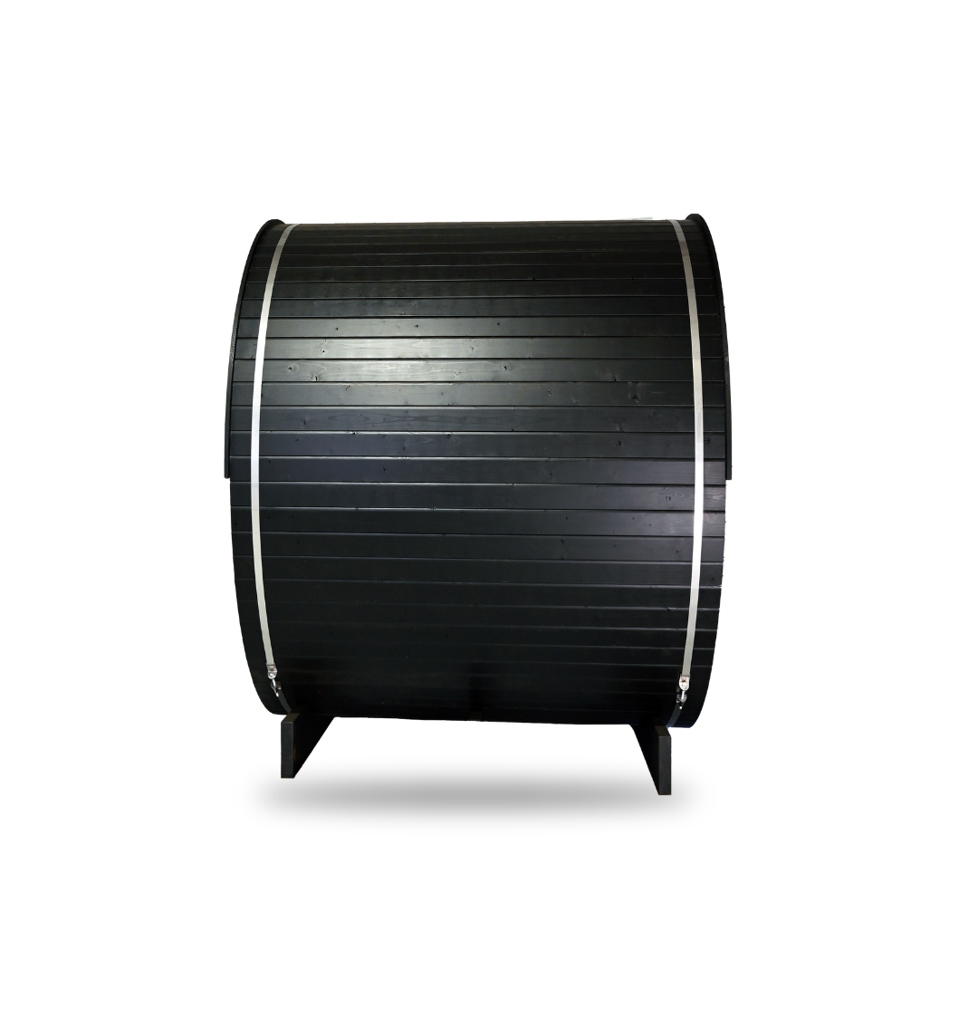 Thermory Ignite Barrel Sauna No. 54, 2-person outdoor barrel sauna, angled view
